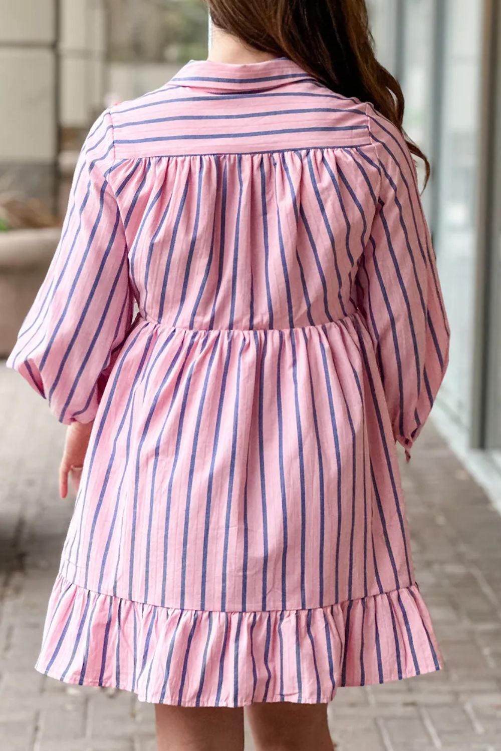 Striped Collared Neck Long Sleeve Mini Shirt Dress - Classique Collection