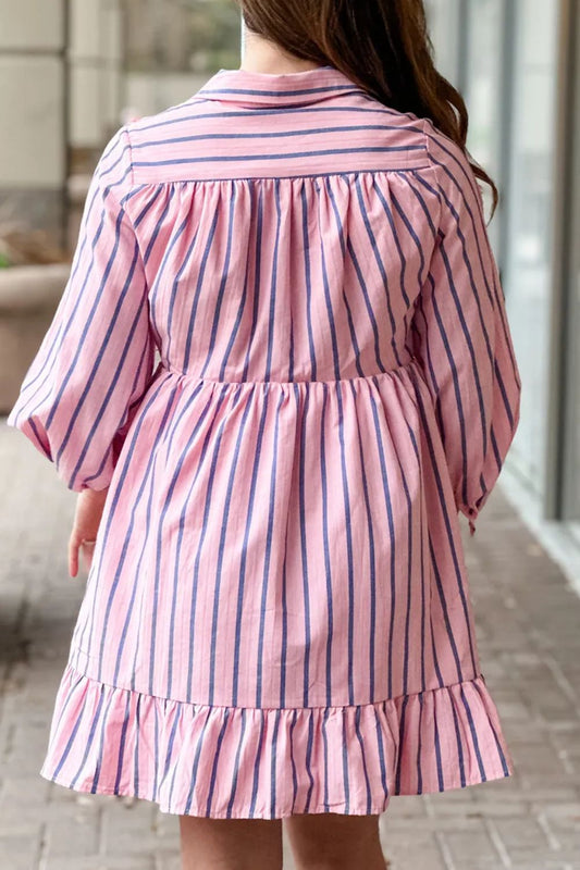 Striped Collared Neck Long Sleeve Mini Shirt Dress - Classique Collection