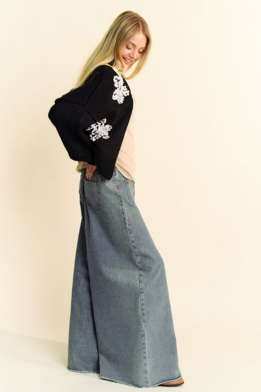 Davi & Dani Floral Applique Open Front Dropped Shoulder Cardigan - ClassiQ