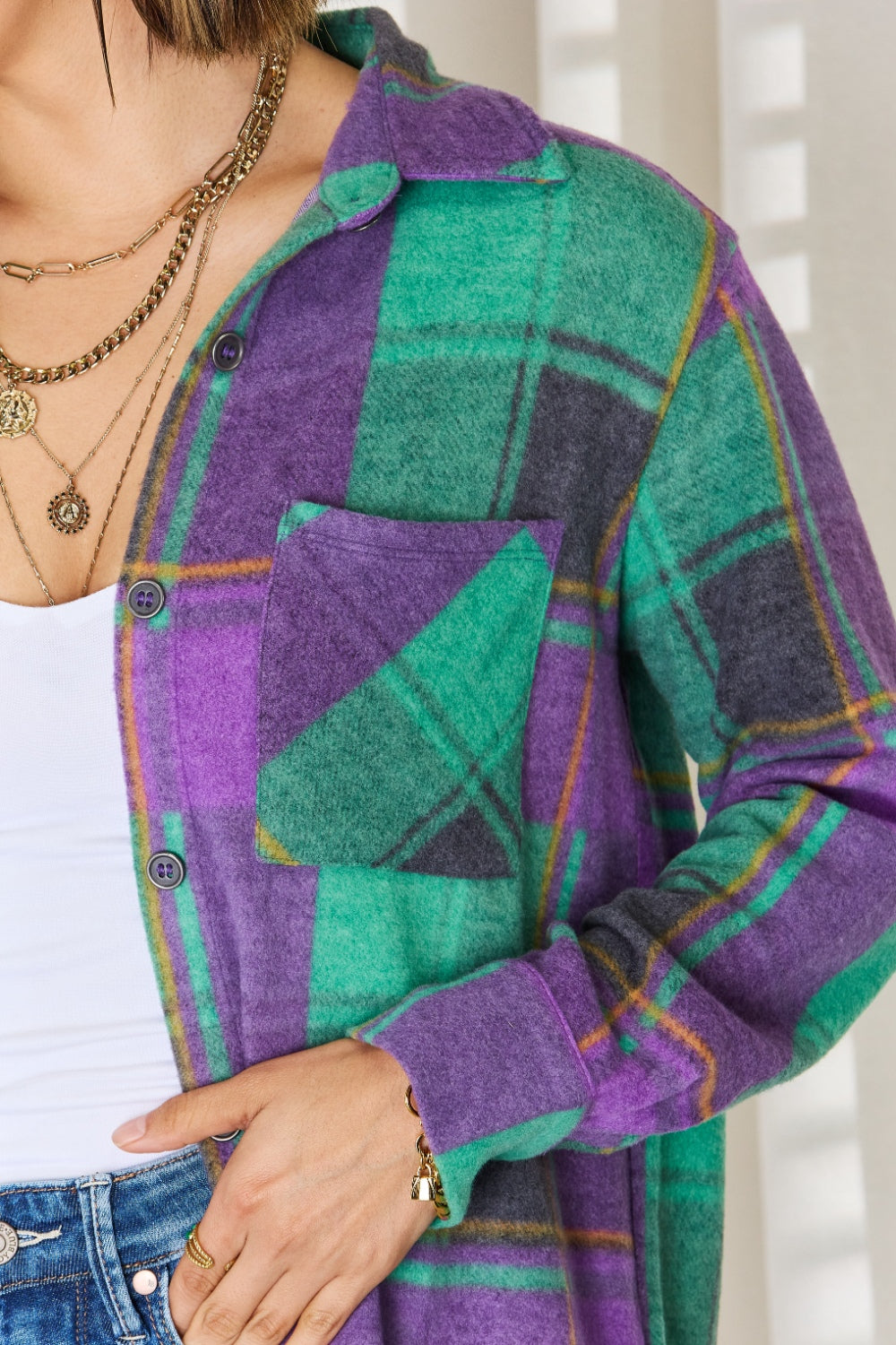 Zenana Plaid Button Up Long Sleeve Shacket - Classique Collection