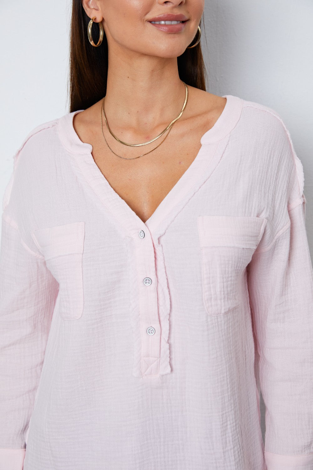 Texture Half Button Raw Hem Top - ClassiQ