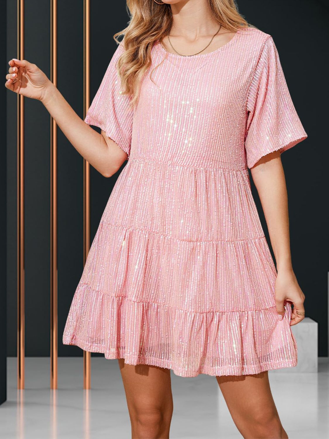 Sequin Round Neck Half Sleeve Mini Dress - Classique Collection