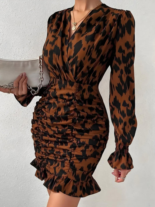 Ruched Ruffled Leopard Surplice Long Sleeve Dress - Classique Collection