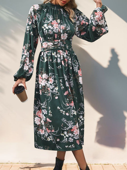 Perfee Ruched Printed Mock Neck Long Sleeve Midi Dress - Classique Collection