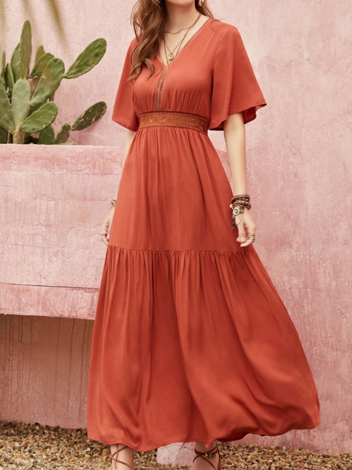 Lace Detail V-Neck Half Sleeve Midi Dress - Classique Collection