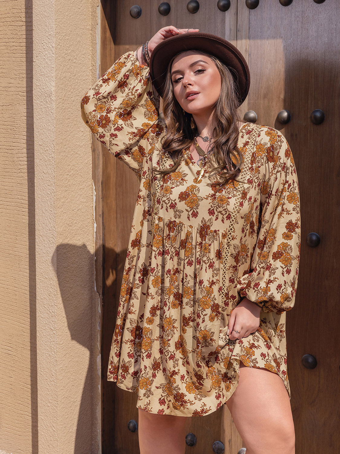 Plus Size Printed V-Neck Balloon Sleeve Mini Dress - Classique Collection