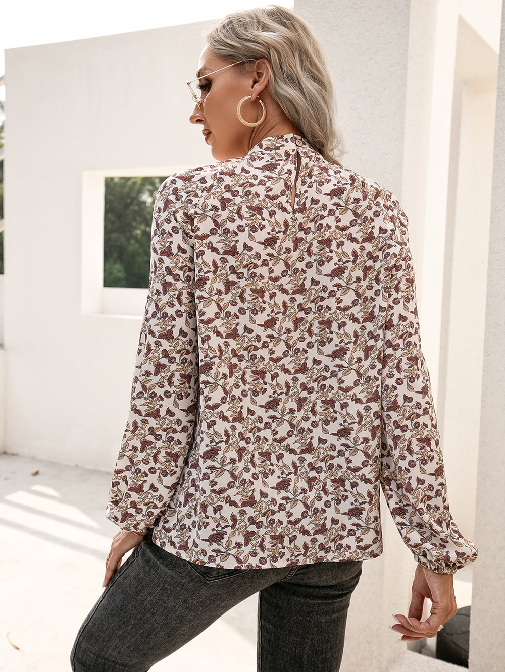 Ivy Lane Floral Print Long Sleeve Mock Neck Blouse - Classique Collection