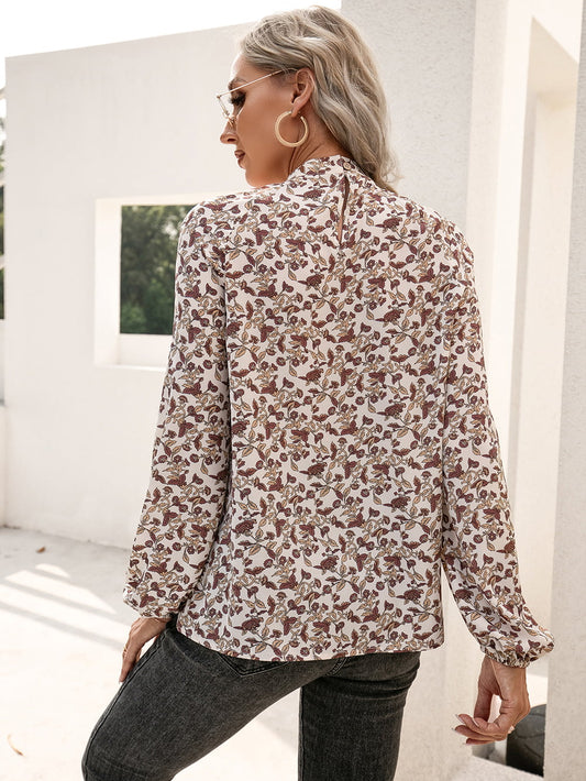 Ivy Lane Floral Print Long Sleeve Mock Neck Blouse - Classique Collection