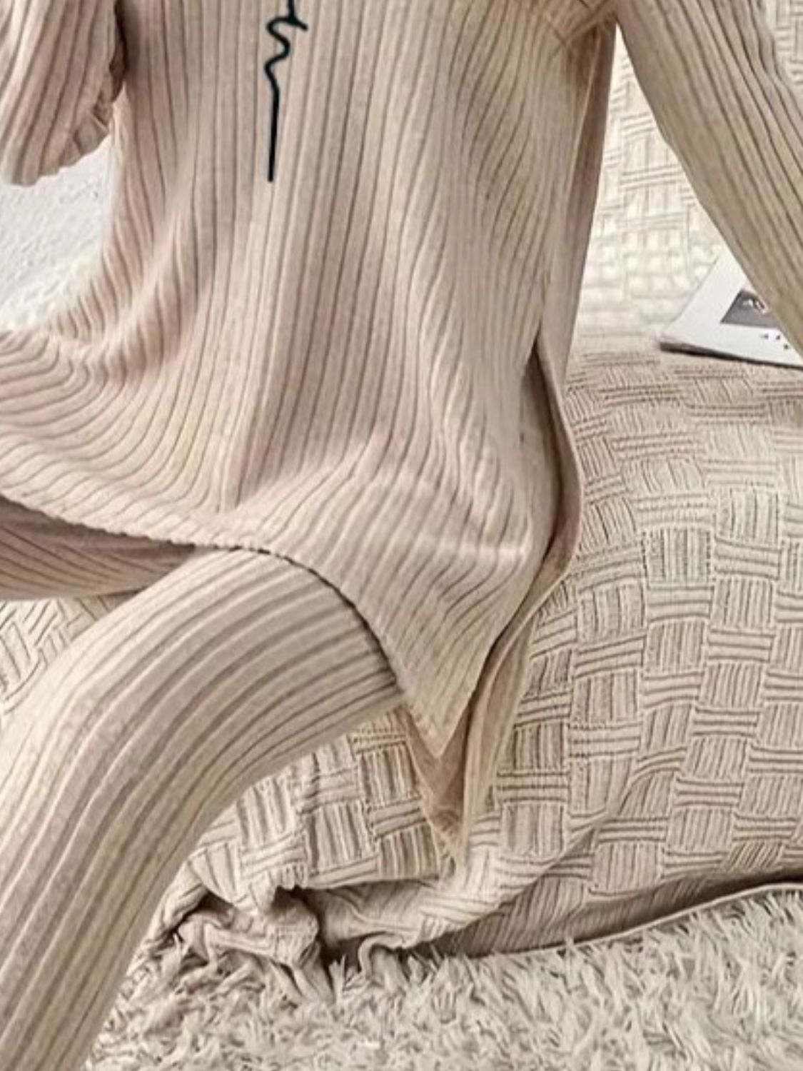 Side Slit Round Neck Long Sleeve Top and Pants Set - ClassiQ