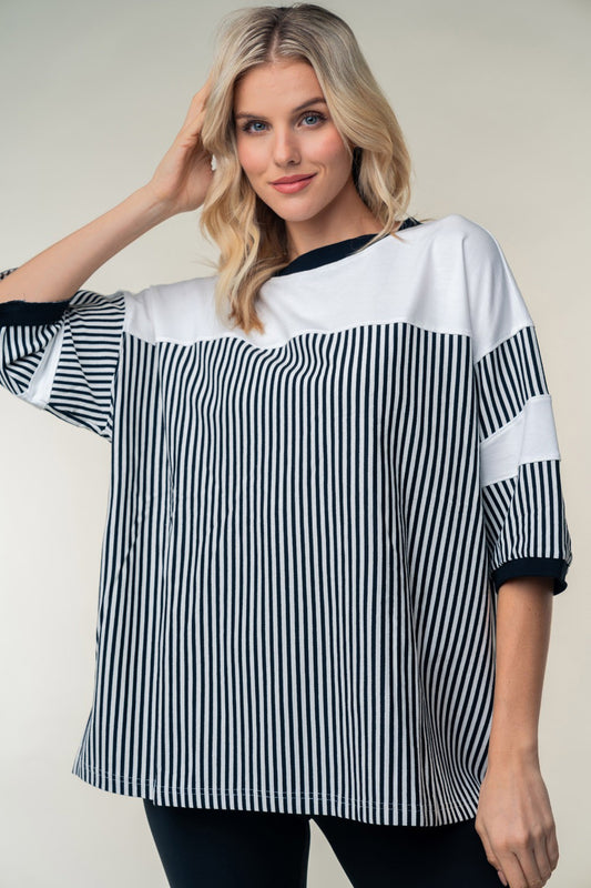 White Birch Full Size Striped Contrast Round Neck Top - Classique Collection