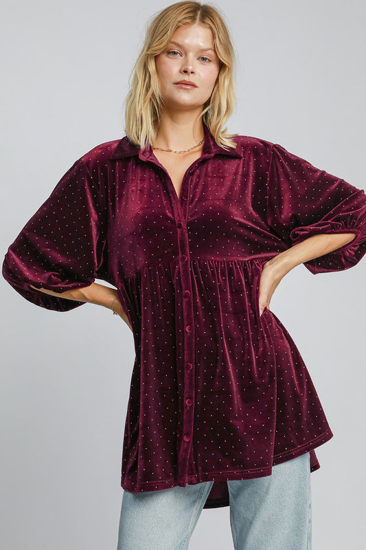 Umgee Full Size Polka Dot Button Up Half Sleeve Shirt - Classique Collection