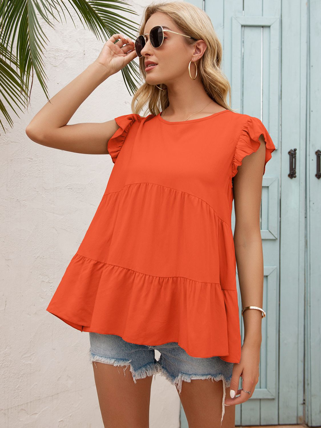 Ivy Lane Round Neck Flutter Sleeve Tiered Blouse - ClassiQ