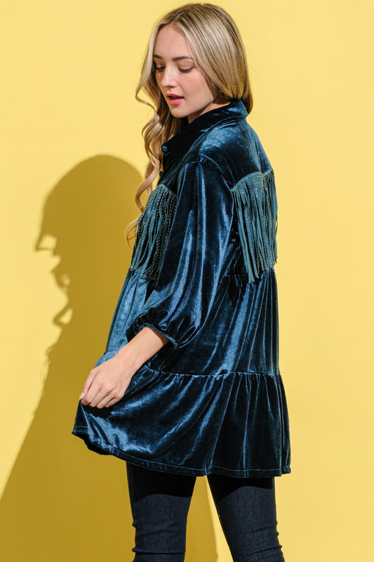 And The Why Fringe Detailed Velvet Shirt Dress - Classique Collection