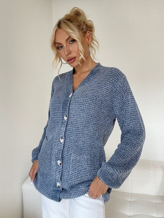 Pocketed V-Neck Button Up Cardigan - ClassiQ