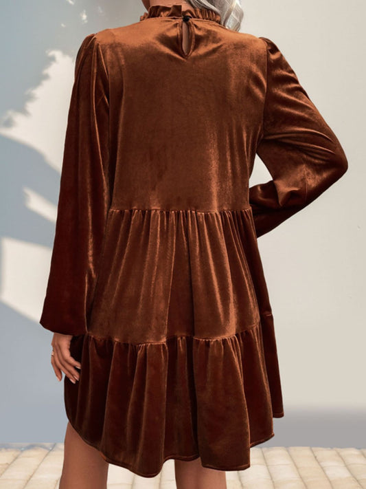 Perfee Tiered Ruched Mock Neck Long Sleeve Dress - Classique Collection