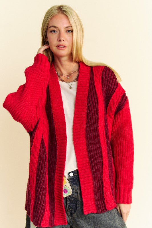 Davi & Dani Cable-Knit Color Block Open Front Cardigan - ClassiQ