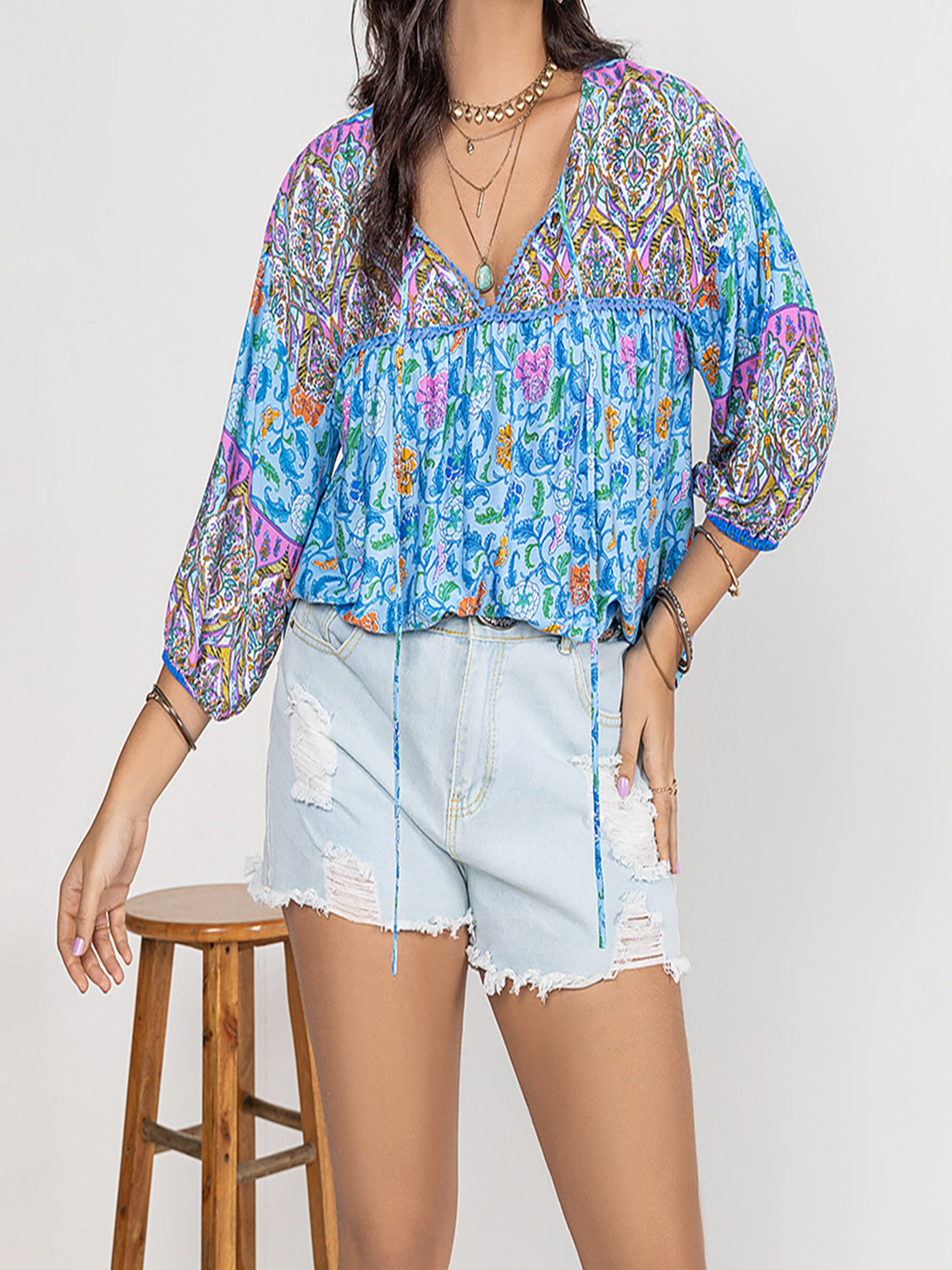 Plus Size Printed Tie Neck Balloon Sleeve Blouse - Classique Collection