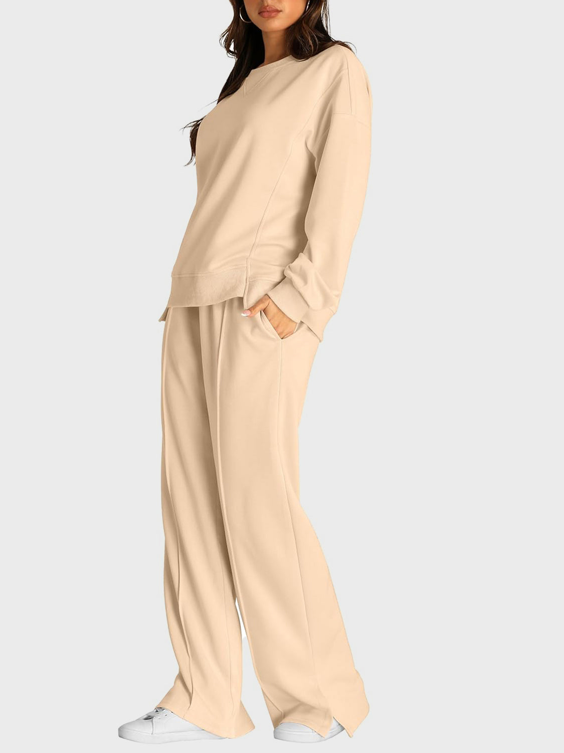 Round Neck Long Sleeve Top and Slit Pants Set - ClassiQ