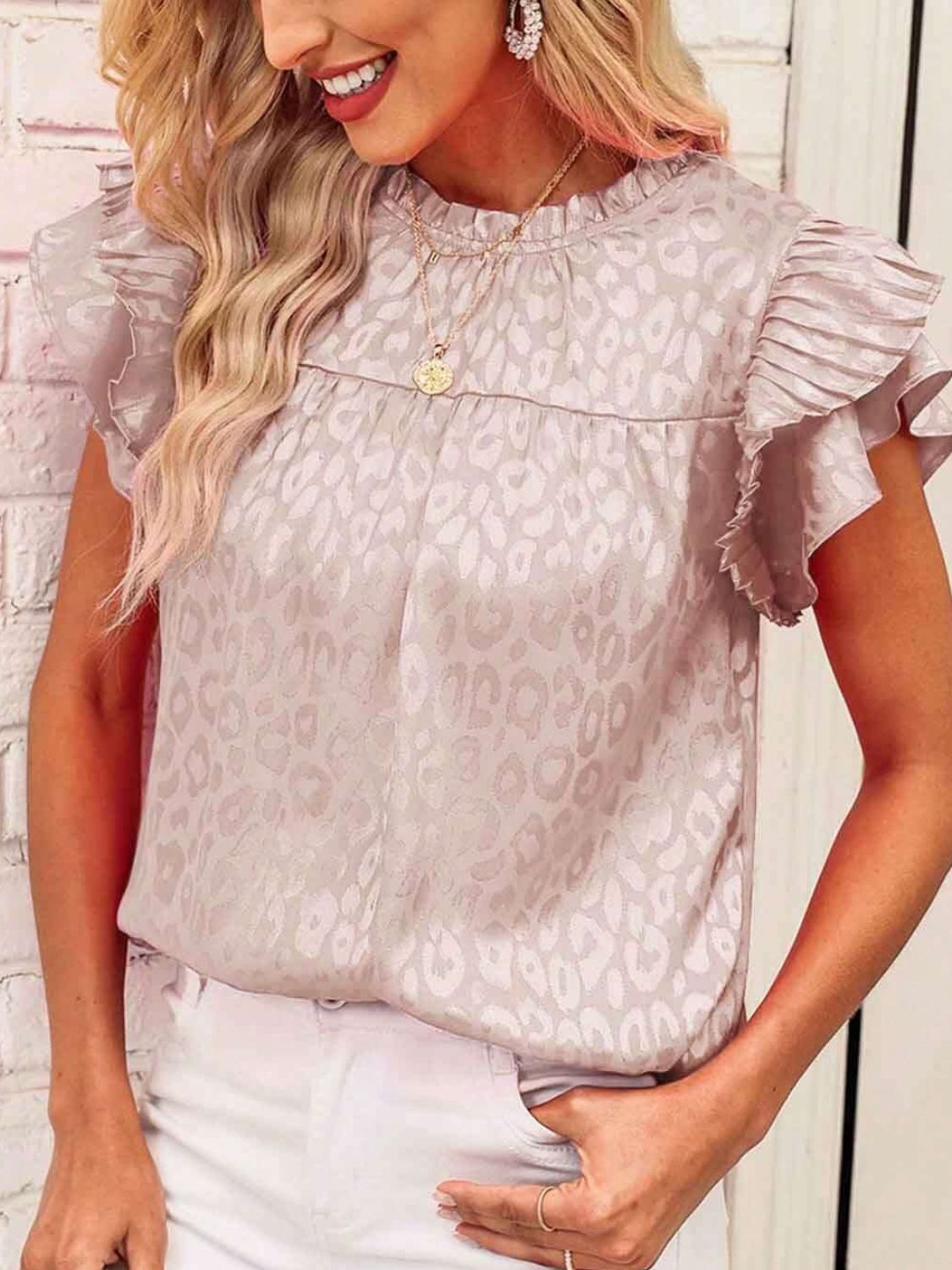 Leopard Frill Mock Neck Ruffled Cap Sleeve Top - Classique Collection