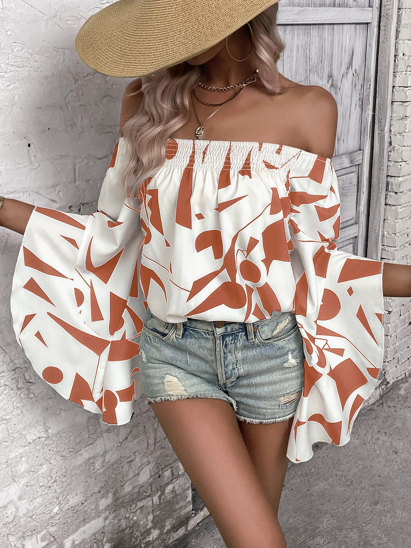 Printed Off-Shoulder Bell Sleeve Blouse - Classique Collection