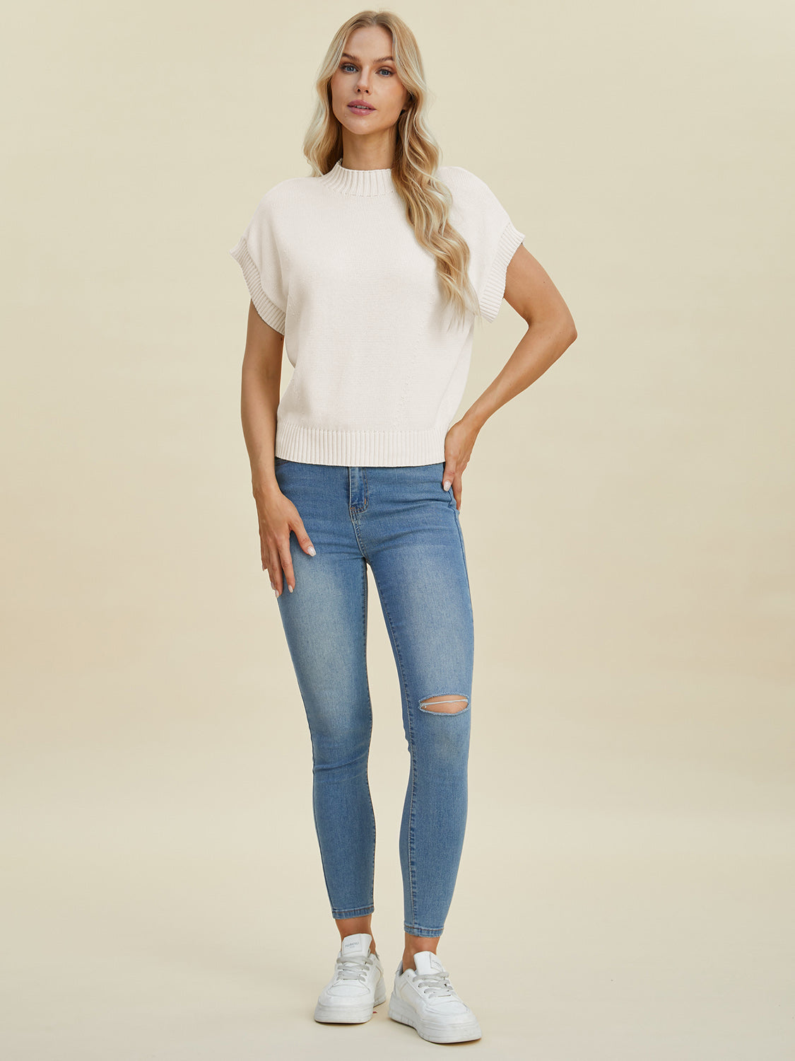 Double Take Full Size Mock Neck Short Sleeve Sweater - ClassiQ