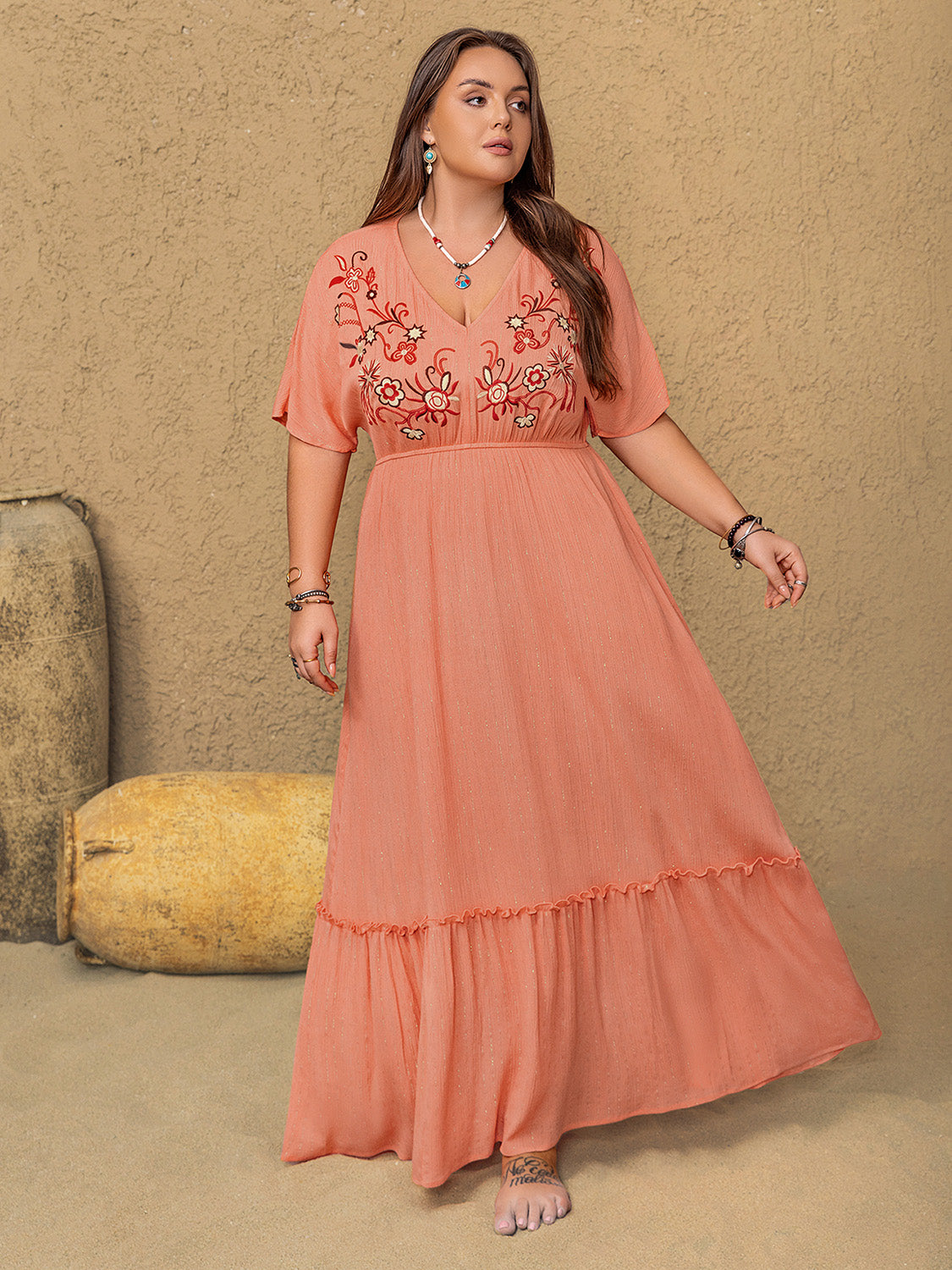 Plus Size Frill Embroidered V-Neck Half Sleeve Maxi Dress - Classique Collection