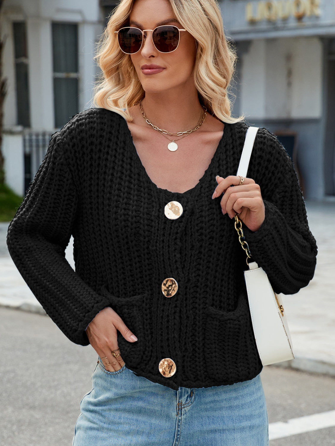 Round Neck Button Up Cardigan with Pockets - ClassiQ
