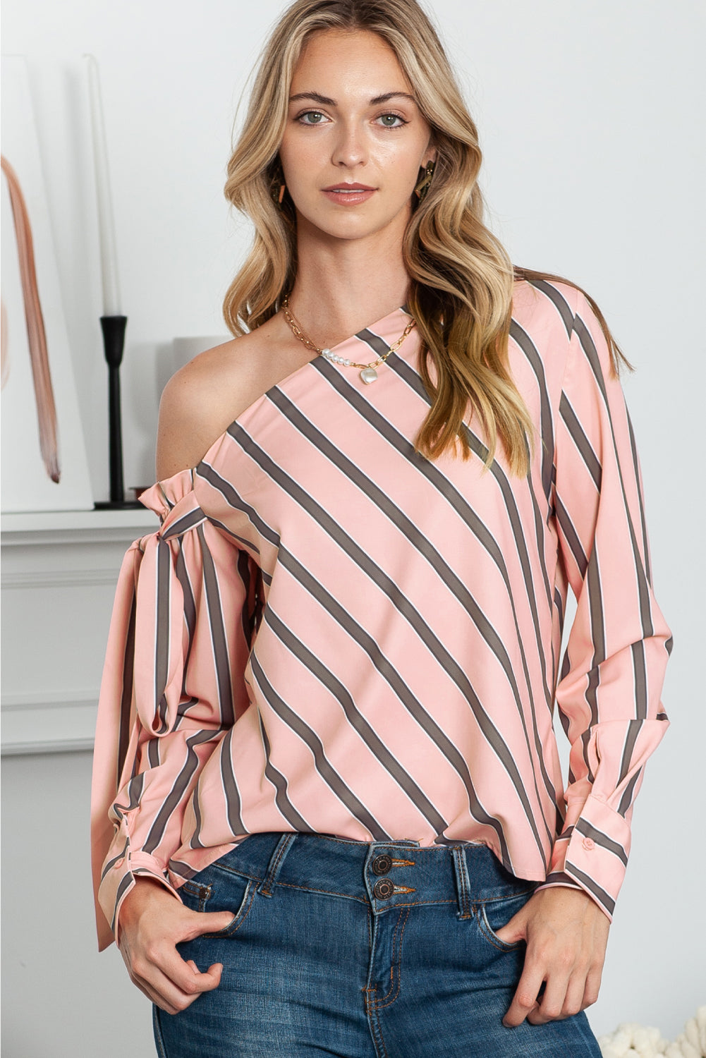 Striped Asymmetrical Long Sleeve Blouse - Classique Collection