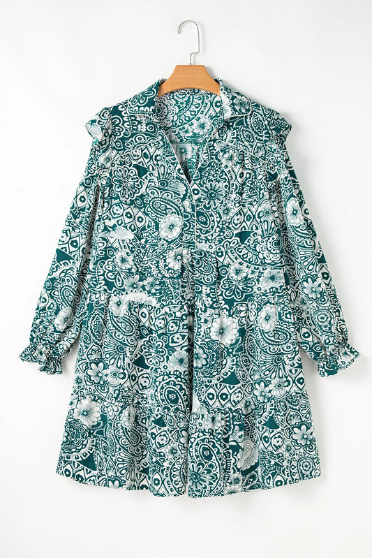 Plus Size Ruffled Printed Flounce Sleeve Dress - Classique Collection