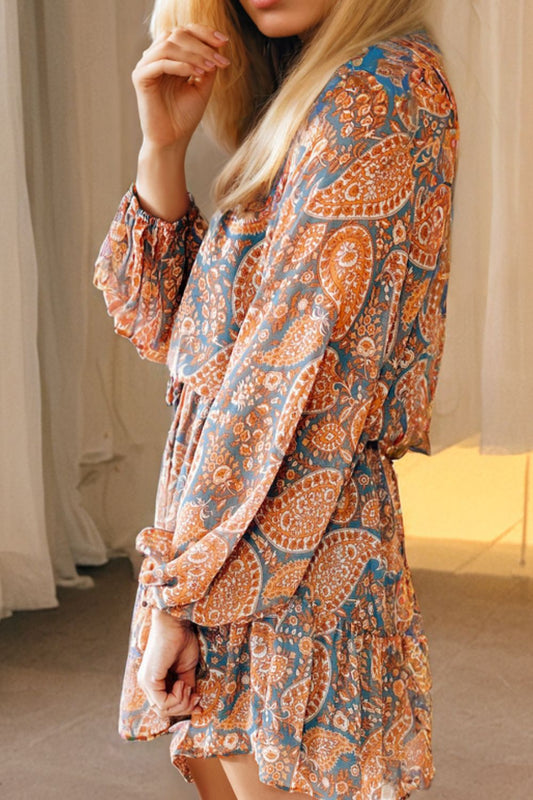 Ruffle Hem Printed Long Sleeve Dress - Classique Collection