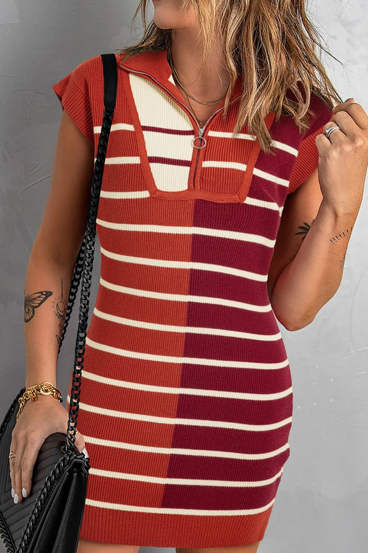 Striped Quarter Zip Cap Sleeve Sweater Dress - ClassiQ