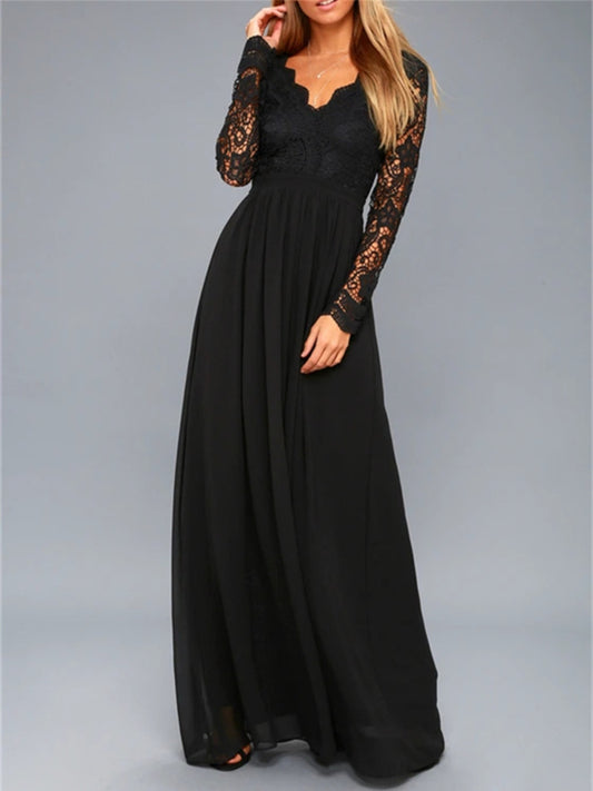 Lace Detail Backless Long Sleeve Maxi Dress - Classique Collection
