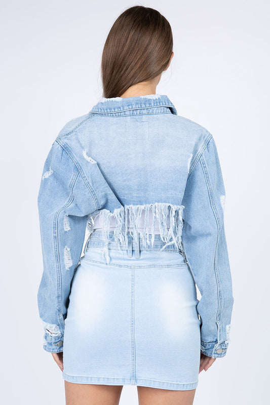 American Bazi Distressed Denim Jacket with Frayed Hem - Classique Collection