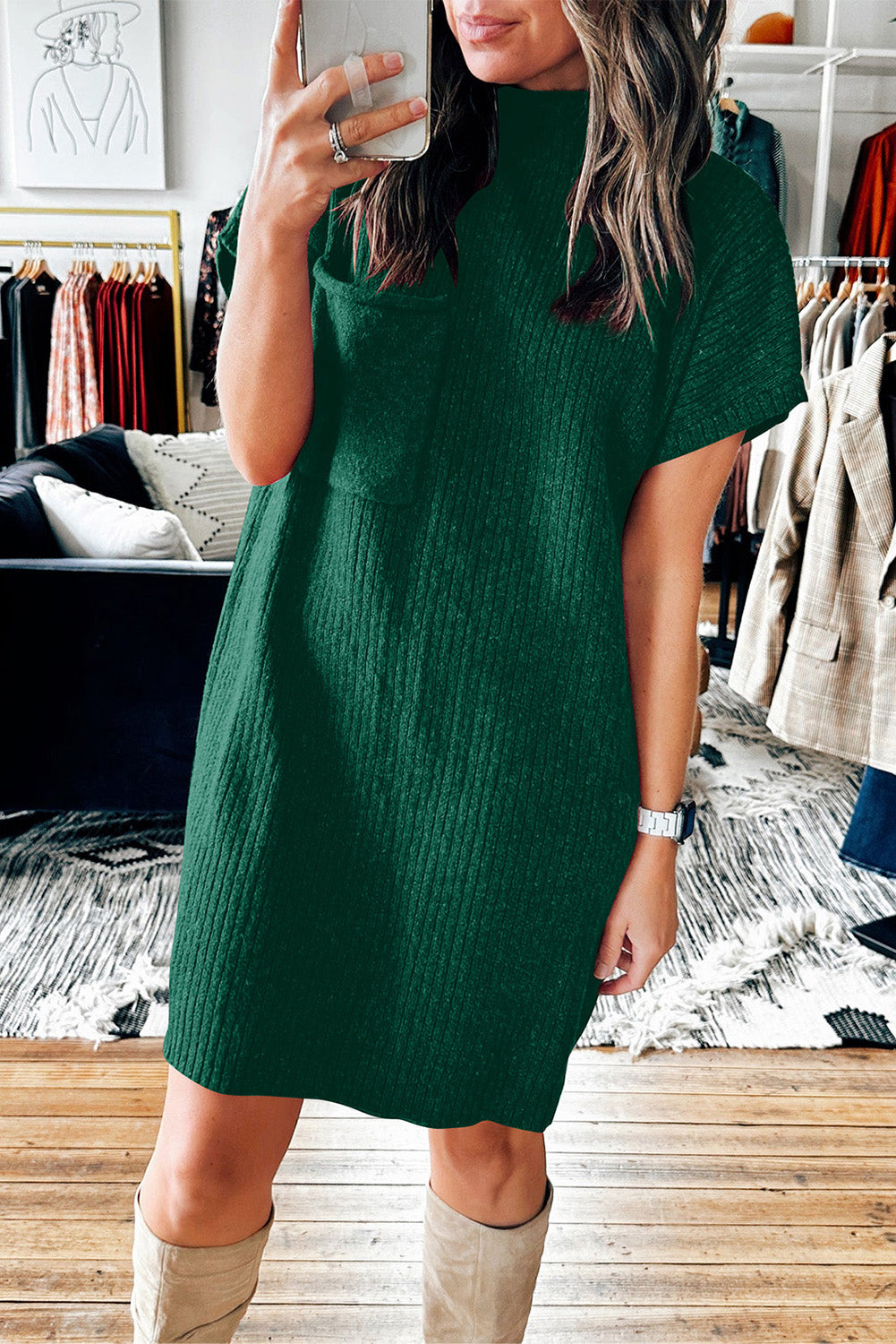 Mock Neck Short Sleeve Sweater Dress - Classique Collection