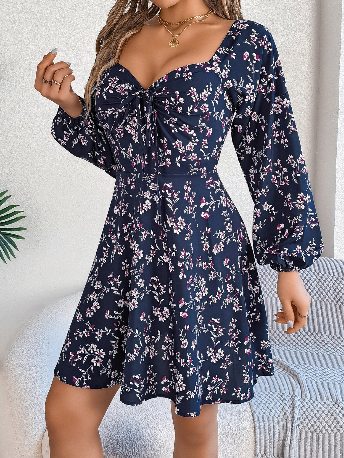 Printed Sweetheart Neck Balloon Sleeve Mini Dress - Classique Collection