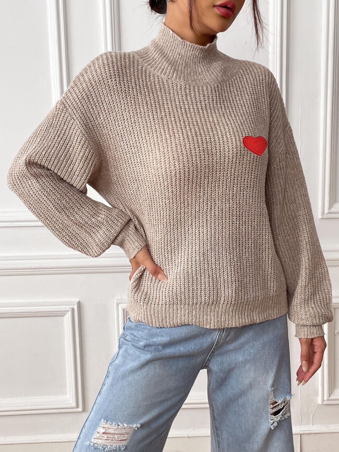 Heart Turtleneck Dropped Shoulder Long Sleeve Sweater - ClassiQ