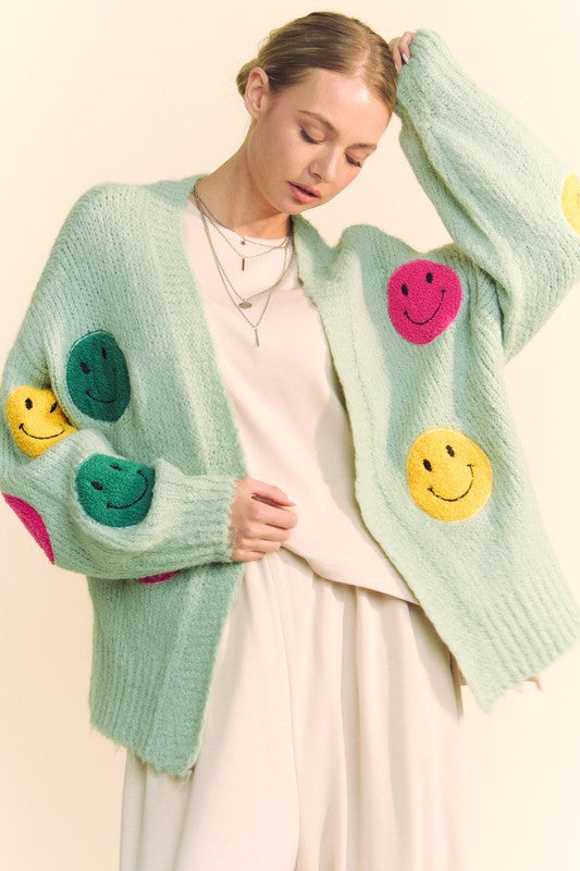 Davi & Dani Fuzzy Smile Open Front Long Sleeve Cardigan - Classique Collection