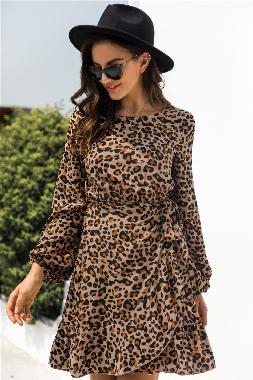 Animal Print Round Neck Balloon Sleeve Mini Dress - Classique Collection