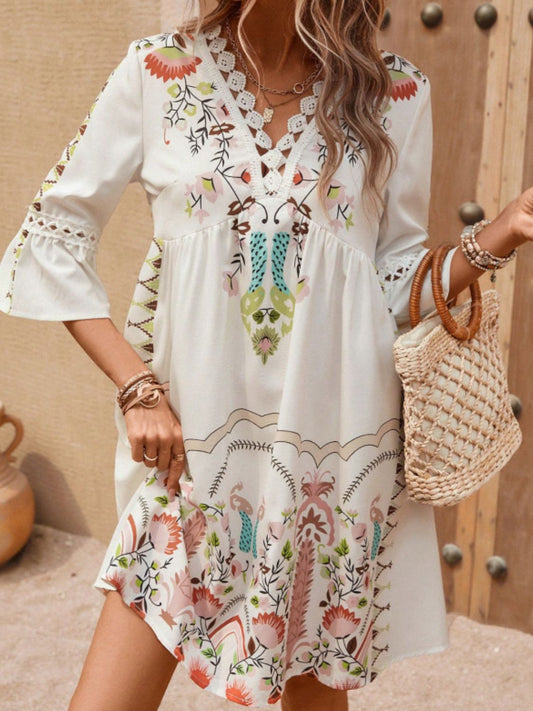 Lace Detail Printed Three-Quarter Sleeve Dress - Classique Collection
