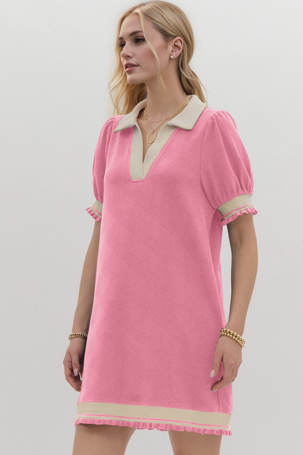 Oh Frill Contrast Trim Johnny Collar Short Sleeve Mini Dress - Classique Collection