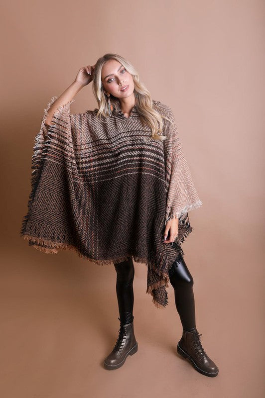 Herringbone Tweed Hooded Frayed Edge Poncho - Classique Collection