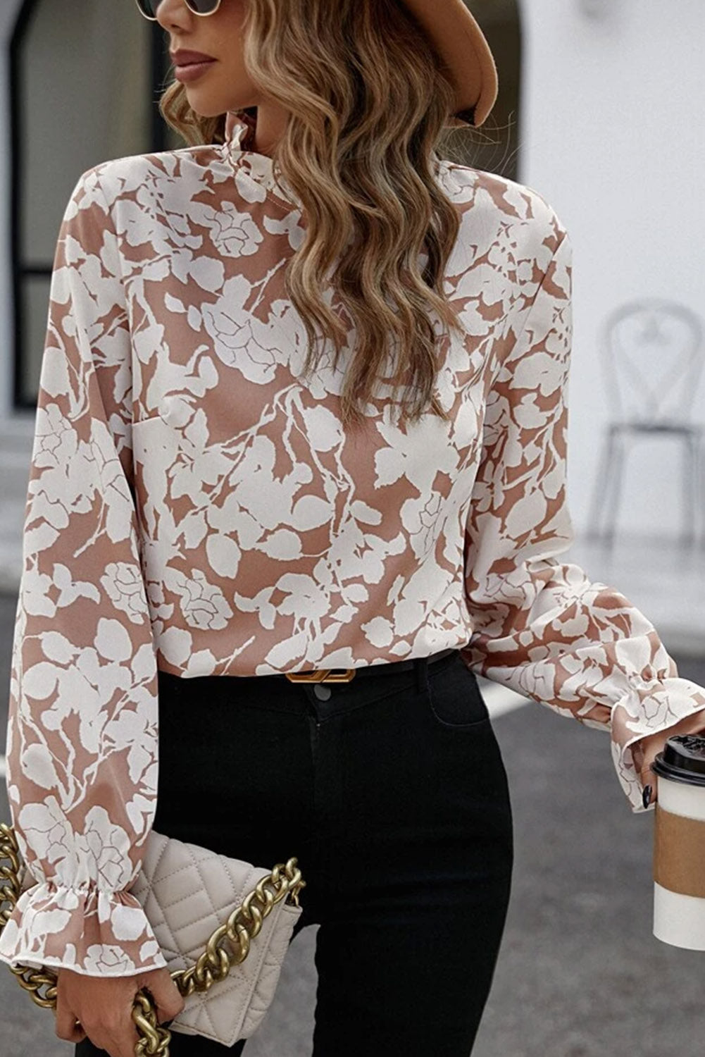 Floral Print Mock Neck Flounce Sleeve Blouse - Classique Collection