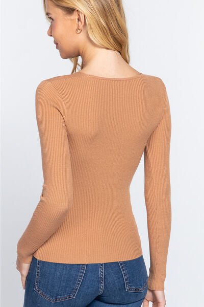 ACTIVE BASIC V - Neck Fitted Viscose Rib Knit Top