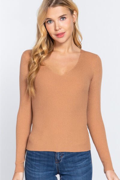 ACTIVE BASIC V - Neck Fitted Viscose Rib Knit Top