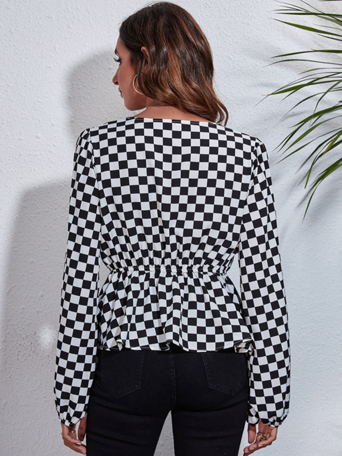 Checkered V-Neck Balloon Sleeve Peplum Blouse - Classique Collection