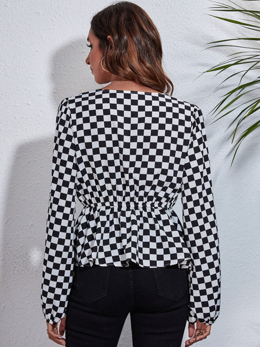 Checkered V-Neck Balloon Sleeve Peplum Blouse - Classique Collection
