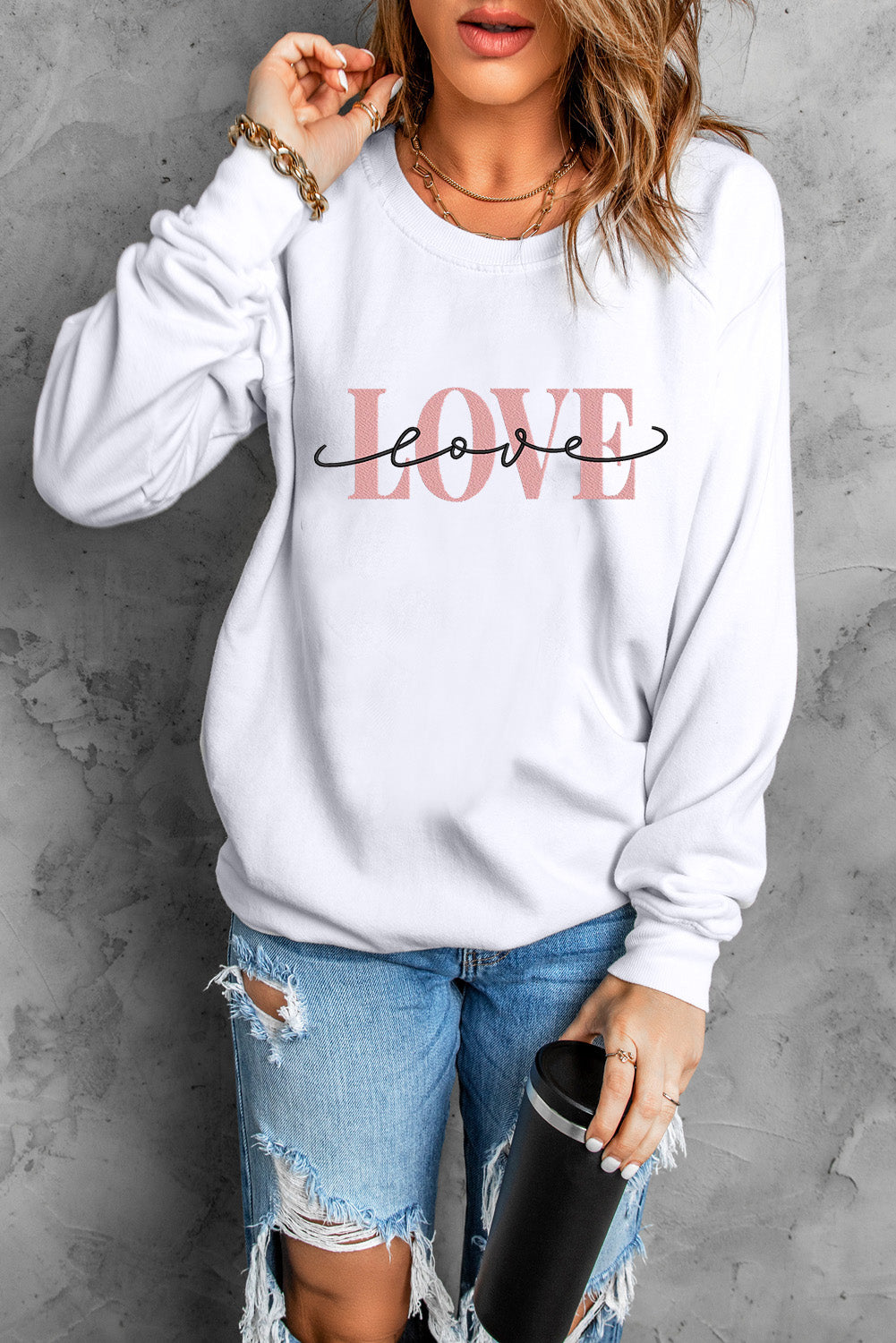 LOVE Round Neck Dropped Shoulder Sweatshirt - ClassiQ