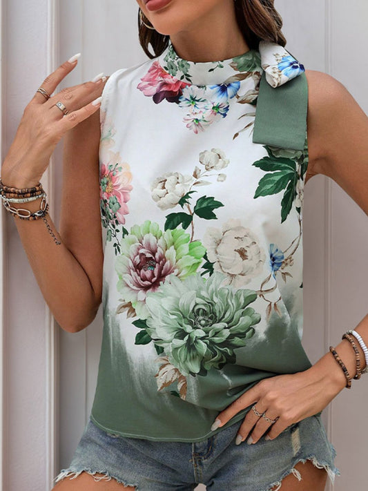 Tied Flower Printed Mock Neck Top - Classique Collection
