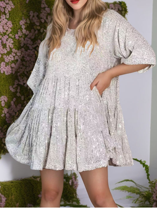 Sequin Round Neck Half Sleeve Mini Dress - Classique Collection