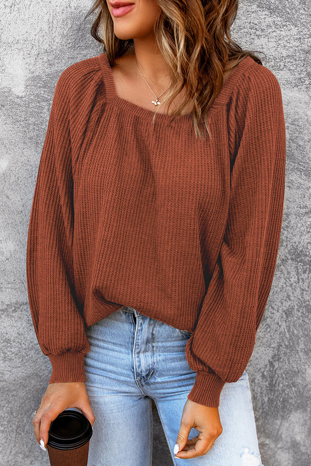 Square Neck Waffle-Knit Top - Classique Collection